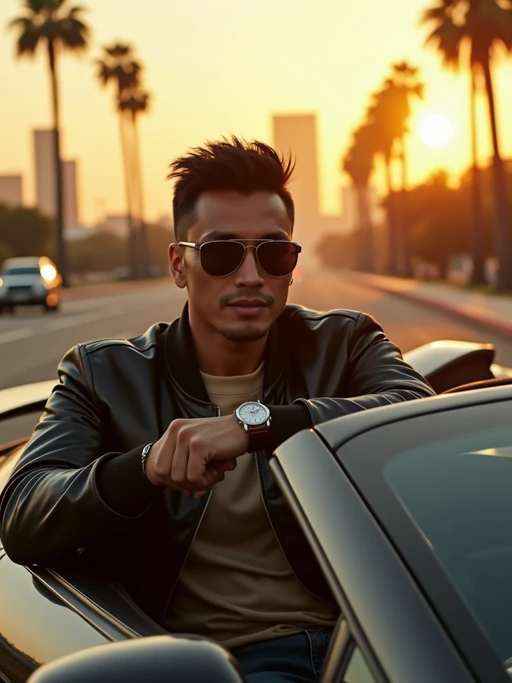A well-known Hollywood star driving a luxury sports car through Los Angeles, exuding a powerful presence. The model is dressed in if(gender=f){a sleek, form-fitting leather outfit with designer sunglasses} if(gender=m){a luxury bomber jacket with a high-end watch}. The background features palm trees and the L.A. skyline glowing in the golden-hour sunset.