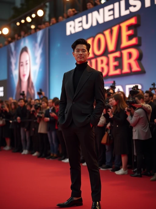 A famous Hollywood actor attending a blockbuster movie premiere, standing in front of a massive event backdrop featuring the movie title and logo. The model is dressed in if(gender=f){a chic, tailored jumpsuit with elegant heels} if(gender=m){a smart, fitted blazer over a turtleneck with leather dress shoes}. The atmosphere is filled with eager fans and flashing paparazzi cameras.