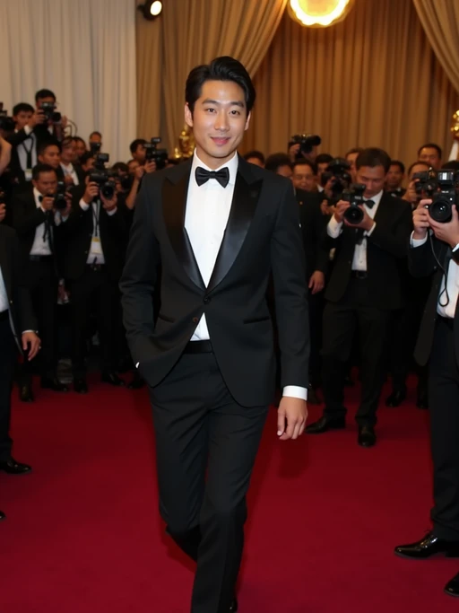 A stunning celebrity walking down the red carpet at the Oscars, posing confidently under the bright flashes of cameras. The model is wearing if(gender=f){a shimmering floor-length designer gown with elegant jewelry} if(gender=m){a fitted black tuxedo with a sleek bow tie}. The backdrop features Oscar statuettes and a crowd of photographers capturing the glamorous moment.