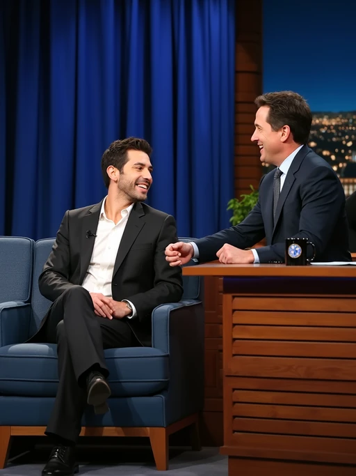 Full-body shot of a famous model sitting on the guest couch at a late-night talk show. The model is dressed in if(gender=f){a glamorous designer evening gown with elegant heels} if(gender=m){a stylish dark suit with a crisp white shirt}. The host sits behind a wooden desk, smiling and engaged in conversation. The background features the signature blue curtains, the late night show logo, and the glowing New York City skyline.