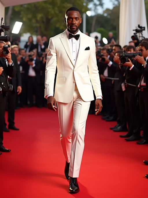 Full-body shot of a famous actor at the Cannes Film Festival, elegantly stepping onto the red carpet. The model is dressed in if(gender=f){a flowing couture dress with diamond accessories} if(gender=m){a tailored white tuxedo with sleek black dress shoes}. The scene is filled with flashing cameras and luxurious event decorations.
