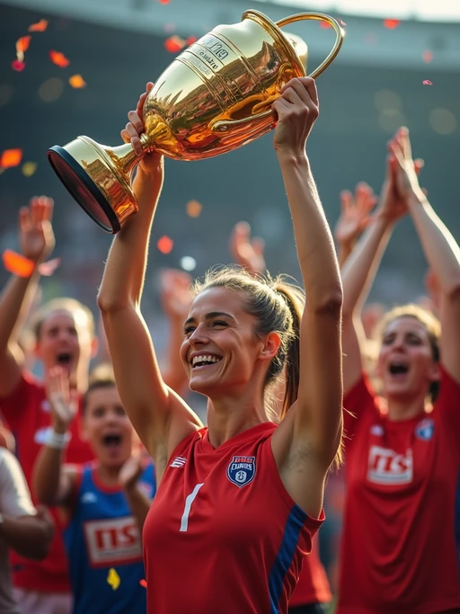 A famous athlete celebrating a championship victory, holding up a golden trophy while confetti falls around them. The model is wearing if(gender=f){a sleek sports outfit with custom team branding} if(gender=m){a fitted championship jersey with a victory cap}. The roaring crowd in the background adds to the celebratory atmosphere.
