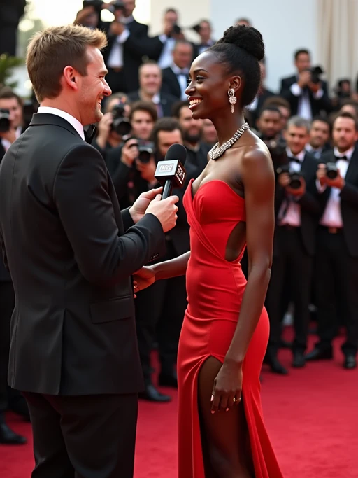 A celebrity being interviewed on the red carpet, speaking to an excited reporter while cameras flash around them. The model is wearing if(gender=f){a custom-fitted high-slit gown with dazzling jewelry} if(gender=m){a three-piece designer suit with polished dress shoes}. The energy of the crowd and press is buzzing in the background.