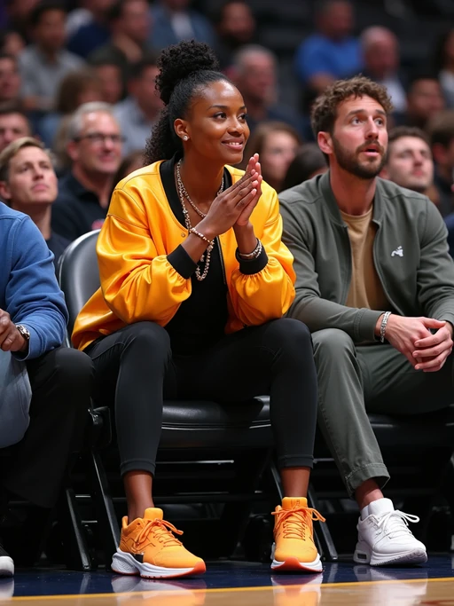 A celebrity attending a courtside NBA game, sitting in premium seats, clapping and reacting to an intense play. The model is wearing if(gender=f){a chic sporty outfit with a stylish bomber jacket and luxury sneakers} if(gender=m){a trendy streetwear fit with a designer hoodie and premium sneakers}. The electric atmosphere of the game is visible in the background.