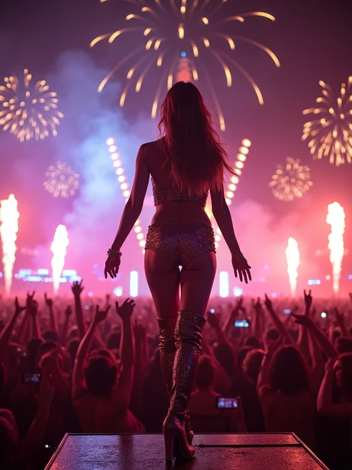 A famous pop star performing live at Coachella, standing on an elaborate stage with vibrant neon lights. The artist is dressed in if(gender=f){a stylish sequined crop top with matching high-waisted shorts and thigh-high boots} if(gender=m){a custom streetwear ensemble with a designer jacket and sneakers}. The crowd waves their hands in excitement as fireworks explode in the background.