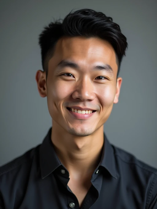 A professional actor headshot of a confident model, taken in a well-lit studio with a plain backdrop. The model is dressed in if(gender=f){a simple, elegant black top with natural makeup and soft curls} if(gender=m){a fitted dark-colored shirt with neatly styled hair}. The lighting is soft and even, highlighting their facial features with a natural and approachable expression. The focus is sharp, capturing the model's eyes and subtle smile, creating a perfect headshot for auditions and casting calls.