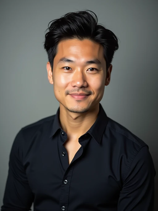 A professional actor headshot of a confident model, taken in a well-lit studio with a plain backdrop. The model is dressed in if(gender=f){a simple, elegant black top with natural makeup and soft curls} if(gender=m){a fitted dark-colored shirt with neatly styled hair}. The lighting is soft and even, highlighting their facial features with a natural and approachable expression. The focus is sharp, capturing the model's eyes and subtle smile, creating a perfect headshot for auditions and casting calls.