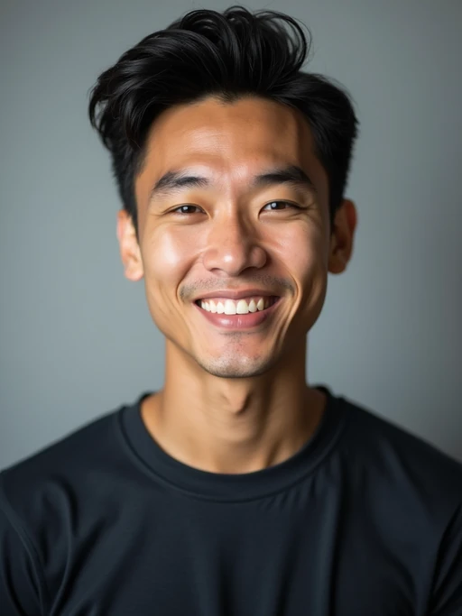 A professional actor headshot of a confident model, taken in a well-lit studio with a plain backdrop. The model is dressed in if(gender=f){a simple, elegant black top with natural makeup and soft curls} if(gender=m){a fitted dark-colored shirt with neatly styled hair}. The lighting is soft and even, highlighting their facial features with a natural and approachable expression. The focus is sharp, capturing the model's eyes and subtle smile, creating a perfect headshot for auditions and casting calls.