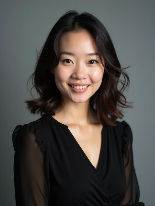 A professional actor headshot of a confident model, taken in a well-lit studio with a plain backdrop. The model is dressed in if(gender=f){a simple, elegant black top with natural makeup and soft curls} if(gender=m){a fitted dark-colored shirt with neatly styled hair}. The lighting is soft and even, highlighting their facial features with a natural and approachable expression. The focus is sharp, capturing the model's eyes and subtle smile, creating a perfect headshot for auditions and casting calls.
