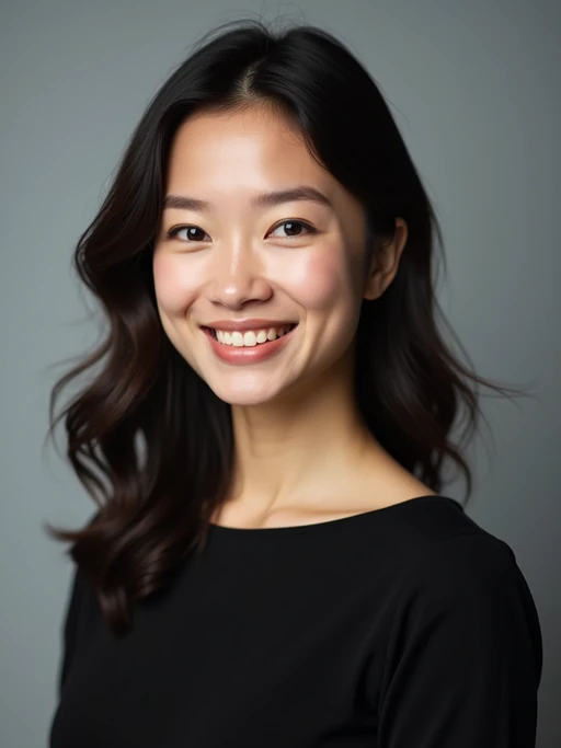 A professional actor headshot of a confident model, taken in a well-lit studio with a plain backdrop. The model is dressed in if(gender=f){a simple, elegant black top with natural makeup and soft curls} if(gender=m){a fitted dark-colored shirt with neatly styled hair}. The lighting is soft and even, highlighting their facial features with a natural and approachable expression. The focus is sharp, capturing the model's eyes and subtle smile, creating a perfect headshot for auditions and casting calls.