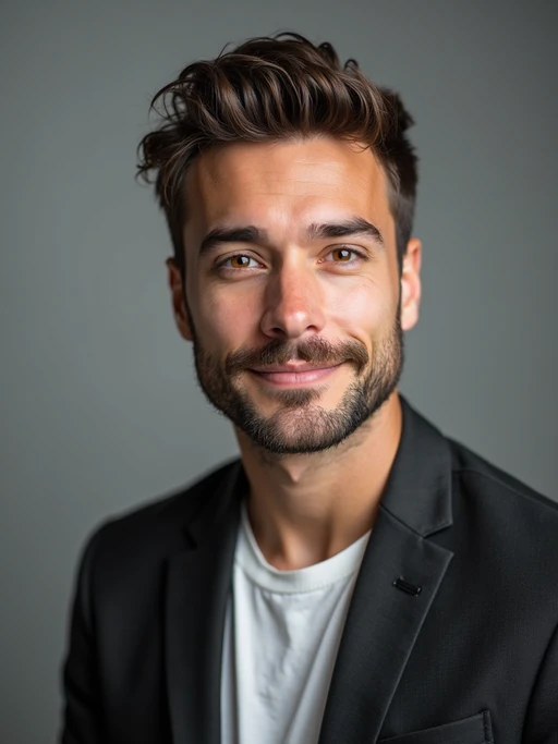 A comedic actor headshot featuring a subtle smirk and expressive eyes, taken in a well-lit professional studio. The model is dressed in if(gender=f){a sleek top with a bit of personality, styled hair, and a confident gaze} if(gender=m){a modern fitted casual jacket or blazer, styled effortlessly for a relatable yet polished look}. The background is neutral, ensuring the subject stands out. The lighting highlights natural features, capturing an inviting and charismatic presence, perfect for comedy auditions, film roles, and industry portfolios.