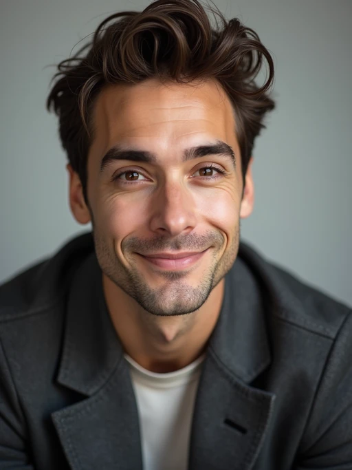 A comedic actor headshot featuring a subtle smirk and expressive eyes, taken in a well-lit professional studio. The model is dressed in if(gender=f){a sleek top with a bit of personality, styled hair, and a confident gaze} if(gender=m){a modern fitted casual jacket or blazer, styled effortlessly for a relatable yet polished look}. The background is neutral, ensuring the subject stands out. The lighting highlights natural features, capturing an inviting and charismatic presence, perfect for comedy auditions, film roles, and industry portfolios.