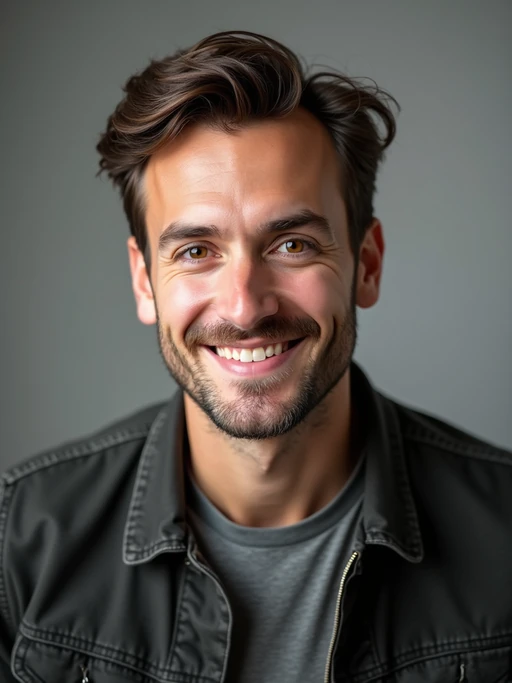 A comedic actor headshot featuring a subtle smirk and expressive eyes, taken in a well-lit professional studio. The model is dressed in if(gender=f){a sleek top with a bit of personality, styled hair, and a confident gaze} if(gender=m){a modern fitted casual jacket or blazer, styled effortlessly for a relatable yet polished look}. The background is neutral, ensuring the subject stands out. The lighting highlights natural features, capturing an inviting and charismatic presence, perfect for comedy auditions, film roles, and industry portfolios.