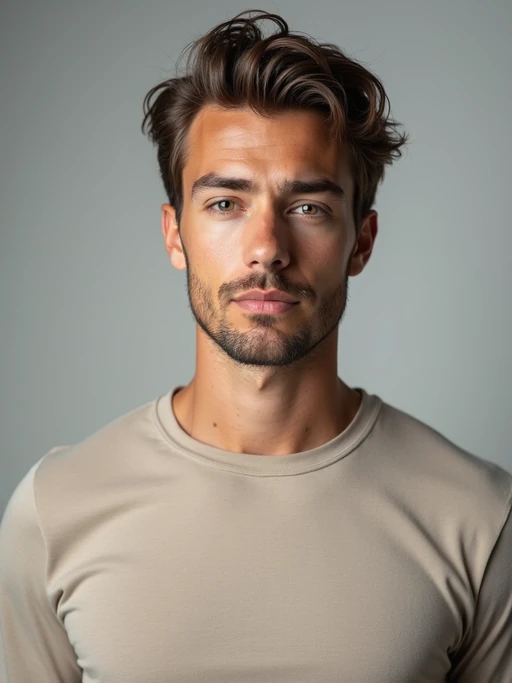A professional photography model headshot of a confident model, taken in a well-lit studio with a clean, neutral backdrop. The model is dressed in if(gender=f){a sleek, minimal black tank top with natural makeup and loose, effortless waves} if(gender=m){a fitted, neutral-colored crewneck shirt with neatly styled hair}, ensuring a polished yet natural look. The lighting is soft and even, accentuating the model’s bone structure, skin texture, and striking features. The focus is sharp, with a clear emphasis on the model\'s eyes and subtle expression, creating the perfect headshot for agency submissions, portfolio updates, and professional branding in fashion and commercial modeling.