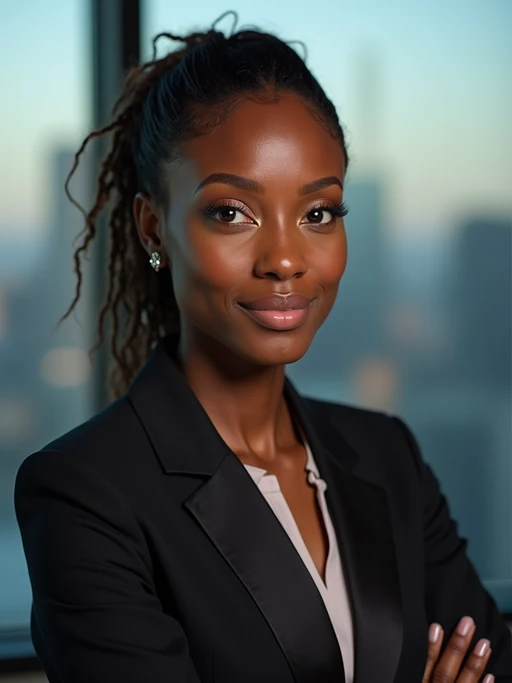 8k professional headshot of model, crisp details, studio backdrop, executive attire, confident posture, neutral expression, high-definition, corporate setting, sharp focus, ambient lighting, business professional, cityscape view