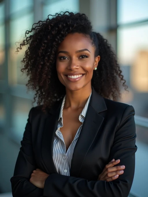 8k professional headshot of model, crisp details, studio backdrop, executive attire, confident posture, neutral expression, high-definition, corporate setting, sharp focus, ambient lighting, business professional, cityscape view