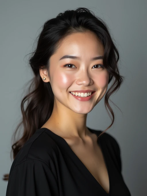 A professional actor headshot of a confident model, taken in a well-lit studio with a plain backdrop. The model is dressed in if(gender=f){a simple, elegant black top with natural makeup and soft curls} if(gender=m){a fitted dark-colored shirt with neatly styled hair}. The lighting is soft and even, highlighting their facial features with a natural and approachable expression. The focus is sharp, capturing the model's eyes and subtle smile, creating a perfect headshot for auditions and casting calls.