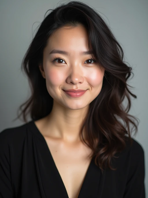 A professional actor headshot of a confident model, taken in a well-lit studio with a plain backdrop. The model is dressed in if(gender=f){a simple, elegant black top with natural makeup and soft curls} if(gender=m){a fitted dark-colored shirt with neatly styled hair}. The lighting is soft and even, highlighting their facial features with a natural and approachable expression. The focus is sharp, capturing the model's eyes and subtle smile, creating a perfect headshot for auditions and casting calls.