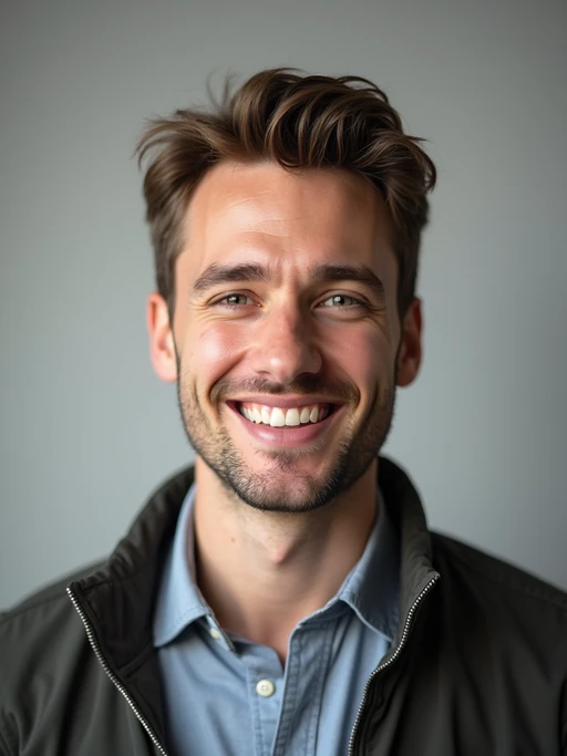 A professional comedian headshot taken in a well-lit studio with a clean, neutral backdrop. The model is dressed in if(gender=f){a stylish yet playful fitted top with natural makeup and a confident smile} if(gender=m){a fitted button-up shirt or a casual jacket with neatly styled hair}, ensuring a polished yet approachable look. The lighting is soft and even, highlighting the model’s expressive face, charisma, and subtle comedic charm. The focus is sharp, capturing a warm and inviting expression, creating the perfect headshot for stand-up comedians, improv actors, and comedic performers.
