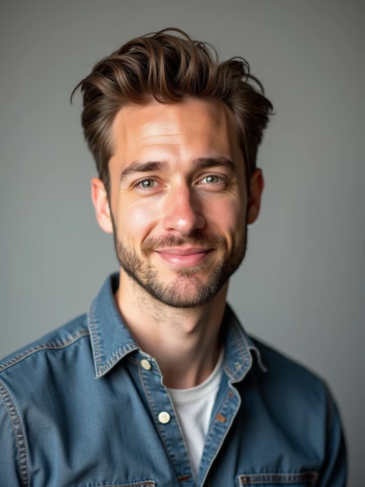 A professional comedian headshot taken in a well-lit studio with a clean, neutral backdrop. The model is dressed in if(gender=f){a stylish yet playful fitted top with natural makeup and a confident smile} if(gender=m){a fitted button-up shirt or a casual jacket with neatly styled hair}, ensuring a polished yet approachable look. The lighting is soft and even, highlighting the model’s expressive face, charisma, and subtle comedic charm. The focus is sharp, capturing a warm and inviting expression, creating the perfect headshot for stand-up comedians, improv actors, and comedic performers.