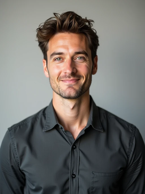 A professional comedian headshot taken in a well-lit studio with a clean, neutral backdrop. The model is dressed in if(gender=f){a stylish yet playful fitted top with natural makeup and a confident smile} if(gender=m){a fitted button-up shirt or a casual jacket with neatly styled hair}, ensuring a polished yet approachable look. The lighting is soft and even, highlighting the model’s expressive face, charisma, and subtle comedic charm. The focus is sharp, capturing a warm and inviting expression, creating the perfect headshot for stand-up comedians, improv actors, and comedic performers.