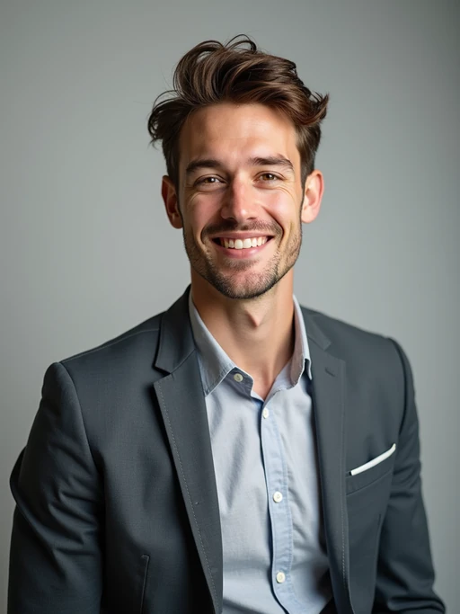 A professional comedian headshot taken in a well-lit studio with a clean, neutral backdrop. The model is dressed in if(gender=f){a stylish yet playful fitted top with natural makeup and a confident smile} if(gender=m){a fitted button-up shirt or a casual jacket with neatly styled hair}, ensuring a polished yet approachable look. The lighting is soft and even, highlighting the model’s expressive face, charisma, and subtle comedic charm. The focus is sharp, capturing a warm and inviting expression, creating the perfect headshot for stand-up comedians, improv actors, and comedic performers.