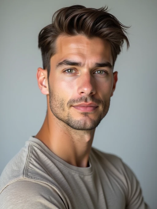 A professional photography model headshot of a confident model, taken in a well-lit studio with a clean, neutral backdrop. The model is dressed in if(gender=f){a sleek, minimal black tank top with natural makeup and loose, effortless waves} if(gender=m){a fitted, neutral-colored crewneck shirt with neatly styled hair}, ensuring a polished yet natural look. The lighting is soft and even, accentuating the model’s bone structure, skin texture, and striking features. The focus is sharp, with a clear emphasis on the model\'s eyes and subtle expression, creating the perfect headshot for agency submissions, portfolio updates, and professional branding in fashion and commercial modeling.