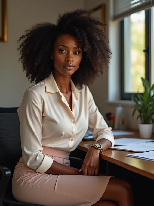 headshot of model, sitting at a desk, at a (office), if(gender=f){BREAK elegant blouse, pencil skirt, makeup} if(gender=m){shirt and tie and suit pants}