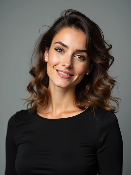 A professional actor headshot of a confident model, taken in a well-lit studio with a plain backdrop. The model is dressed in if(gender=f){a simple, elegant black top with natural makeup and soft curls} if(gender=m){a fitted dark-colored shirt with neatly styled hair}. The lighting is soft and even, highlighting their facial features with a natural and approachable expression. The focus is sharp, capturing the model's eyes and subtle smile, creating a perfect headshot for auditions and casting calls.