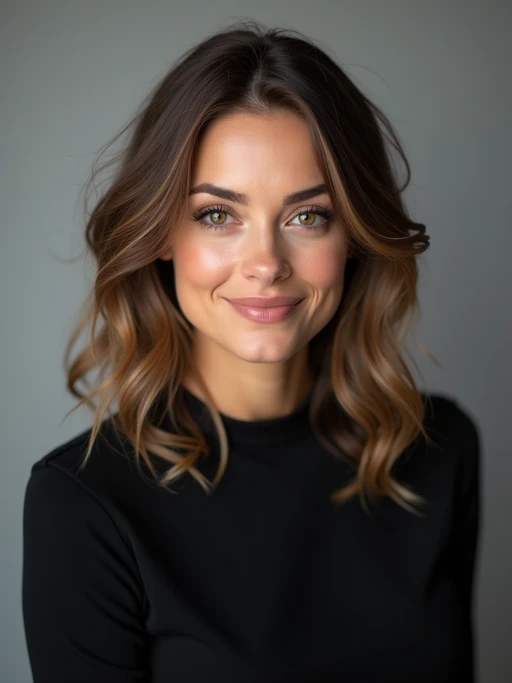 A professional actor headshot of a confident model, taken in a well-lit studio with a plain backdrop. The model is dressed in if(gender=f){a simple, elegant black top with natural makeup and soft curls} if(gender=m){a fitted dark-colored shirt with neatly styled hair}. The lighting is soft and even, highlighting their facial features with a natural and approachable expression. The focus is sharp, capturing the model's eyes and subtle smile, creating a perfect headshot for auditions and casting calls.