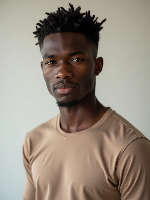 A professional photography model headshot of a confident model, taken in a well-lit studio with a clean, neutral backdrop. The model is dressed in if(gender=f){a sleek, minimal black tank top with natural makeup and loose, effortless waves} if(gender=m){a fitted, neutral-colored crewneck shirt with neatly styled hair}, ensuring a polished yet natural look. The lighting is soft and even, accentuating the model’s bone structure, skin texture, and striking features. The focus is sharp, with a clear emphasis on the model\'s eyes and subtle expression, creating the perfect headshot for agency submissions, portfolio updates, and professional branding in fashion and commercial modeling.