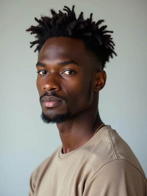 A professional photography model headshot of a confident model, taken in a well-lit studio with a clean, neutral backdrop. The model is dressed in if(gender=f){a sleek, minimal black tank top with natural makeup and loose, effortless waves} if(gender=m){a fitted, neutral-colored crewneck shirt with neatly styled hair}, ensuring a polished yet natural look. The lighting is soft and even, accentuating the model’s bone structure, skin texture, and striking features. The focus is sharp, with a clear emphasis on the model\'s eyes and subtle expression, creating the perfect headshot for agency submissions, portfolio updates, and professional branding in fashion and commercial modeling.