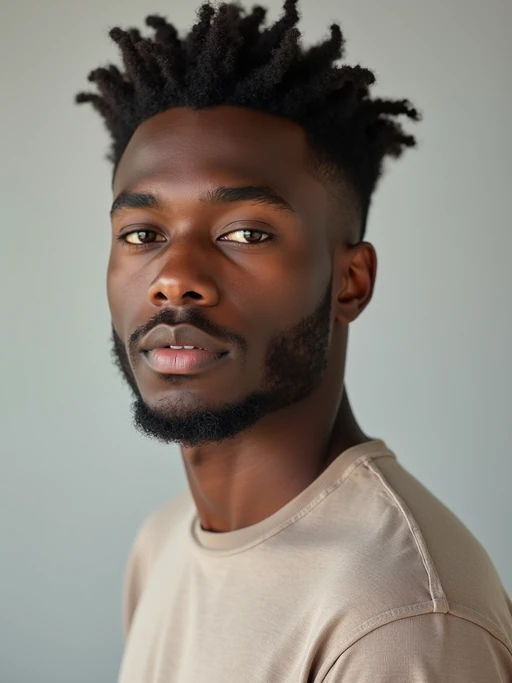 A professional photography model headshot of a confident model, taken in a well-lit studio with a clean, neutral backdrop. The model is dressed in if(gender=f){a sleek, minimal black tank top with natural makeup and loose, effortless waves} if(gender=m){a fitted, neutral-colored crewneck shirt with neatly styled hair}, ensuring a polished yet natural look. The lighting is soft and even, accentuating the model’s bone structure, skin texture, and striking features. The focus is sharp, with a clear emphasis on the model\'s eyes and subtle expression, creating the perfect headshot for agency submissions, portfolio updates, and professional branding in fashion and commercial modeling.