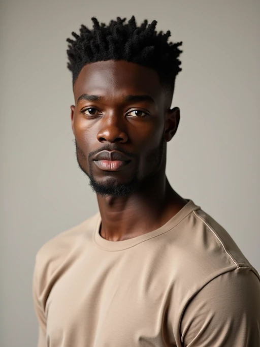 A professional photography model headshot of a confident model, taken in a well-lit studio with a clean, neutral backdrop. The model is dressed in if(gender=f){a sleek, minimal black tank top with natural makeup and loose, effortless waves} if(gender=m){a fitted, neutral-colored crewneck shirt with neatly styled hair}, ensuring a polished yet natural look. The lighting is soft and even, accentuating the model’s bone structure, skin texture, and striking features. The focus is sharp, with a clear emphasis on the model\'s eyes and subtle expression, creating the perfect headshot for agency submissions, portfolio updates, and professional branding in fashion and commercial modeling.
