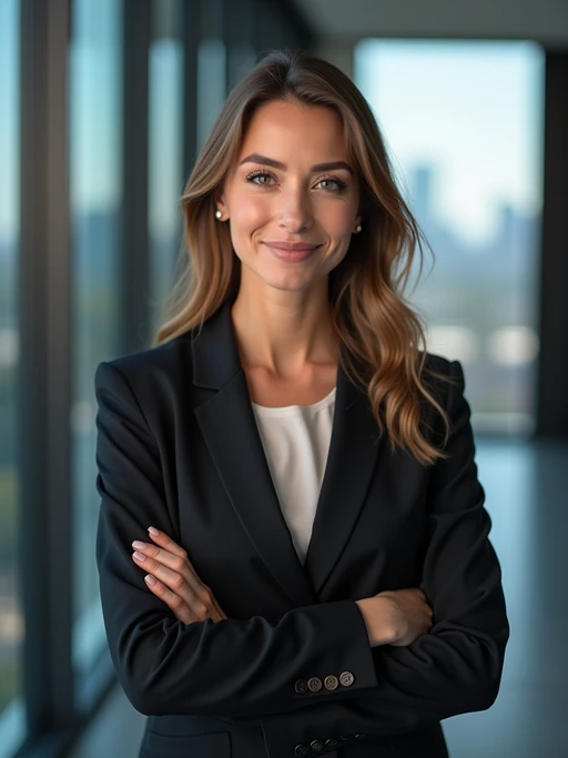 8k professional headshot of model, crisp details, studio backdrop, executive attire, confident posture, neutral expression, high-definition, corporate setting, sharp focus, ambient lighting, business professional, cityscape view