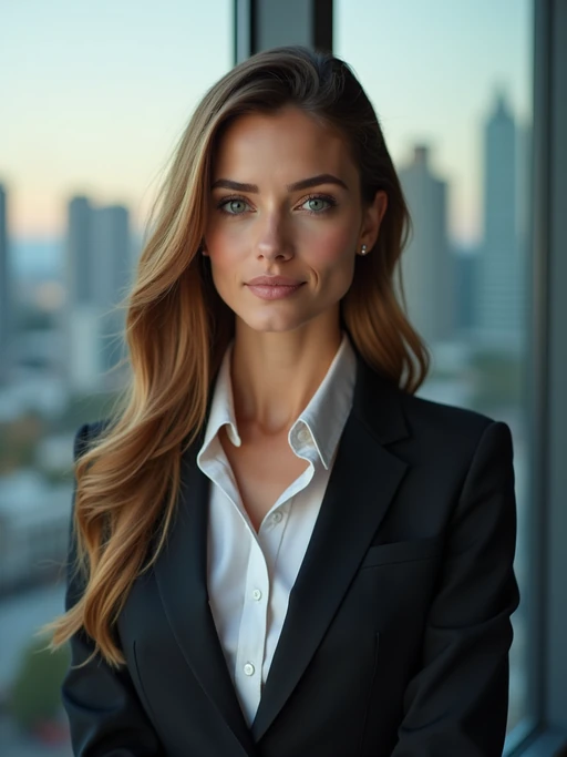 8k professional headshot of model, crisp details, studio backdrop, executive attire, confident posture, neutral expression, high-definition, corporate setting, sharp focus, ambient lighting, business professional, cityscape view