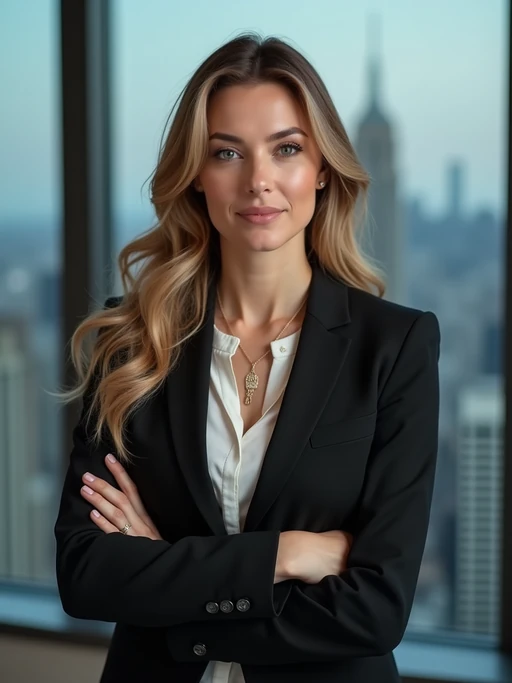 8k professional headshot of model, crisp details, studio backdrop, executive attire, confident posture, neutral expression, high-definition, corporate setting, sharp focus, ambient lighting, business professional, cityscape view