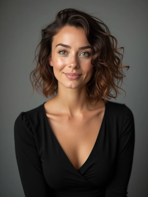 A professional actor headshot of a confident model, taken in a well-lit studio with a plain backdrop. The model is dressed in if(gender=f){a simple, elegant black top with natural makeup and soft curls} if(gender=m){a fitted dark-colored shirt with neatly styled hair}. The lighting is soft and even, highlighting their facial features with a natural and approachable expression. The focus is sharp, capturing the model's eyes and subtle smile, creating a perfect headshot for auditions and casting calls.