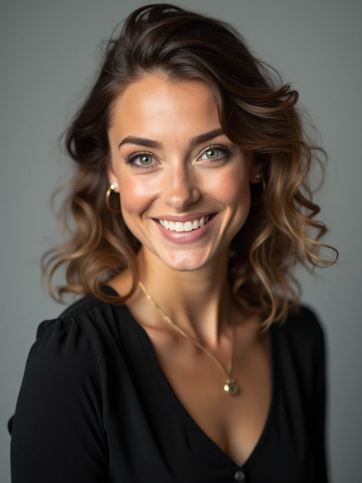 A professional actor headshot of a confident model, taken in a well-lit studio with a plain backdrop. The model is dressed in if(gender=f){a simple, elegant black top with natural makeup and soft curls} if(gender=m){a fitted dark-colored shirt with neatly styled hair}. The lighting is soft and even, highlighting their facial features with a natural and approachable expression. The focus is sharp, capturing the model's eyes and subtle smile, creating a perfect headshot for auditions and casting calls.