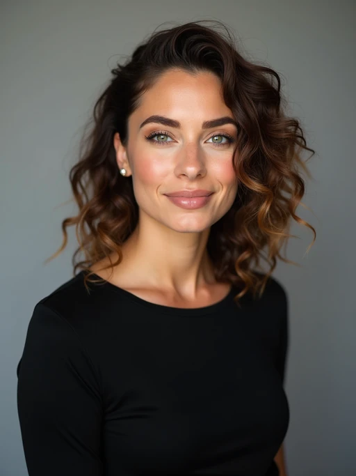 A professional actor headshot of a confident model, taken in a well-lit studio with a plain backdrop. The model is dressed in if(gender=f){a simple, elegant black top with natural makeup and soft curls} if(gender=m){a fitted dark-colored shirt with neatly styled hair}. The lighting is soft and even, highlighting their facial features with a natural and approachable expression. The focus is sharp, capturing the model's eyes and subtle smile, creating a perfect headshot for auditions and casting calls.