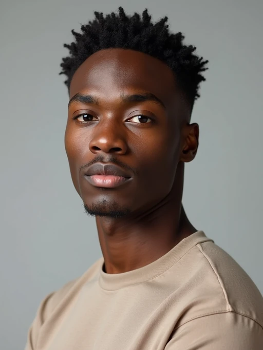 A professional photography model headshot of a confident model, taken in a well-lit studio with a clean, neutral backdrop. The model is dressed in if(gender=f){a sleek, minimal black tank top with natural makeup and loose, effortless waves} if(gender=m){a fitted, neutral-colored crewneck shirt with neatly styled hair}, ensuring a polished yet natural look. The lighting is soft and even, accentuating the model’s bone structure, skin texture, and striking features. The focus is sharp, with a clear emphasis on the model\'s eyes and subtle expression, creating the perfect headshot for agency submissions, portfolio updates, and professional branding in fashion and commercial modeling.
