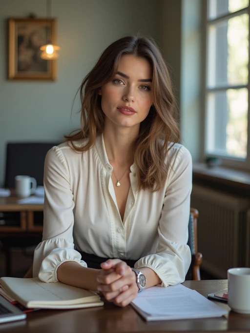headshot of model, sitting at a desk, at a (office), if(gender=f){BREAK elegant blouse, pencil skirt, makeup} if(gender=m){shirt and tie and suit pants}