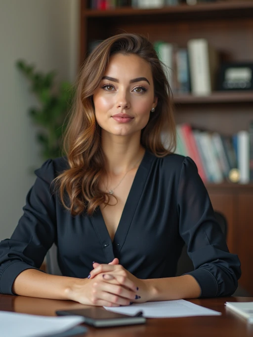 headshot of model, sitting at a desk, at a (office), if(gender=f){BREAK elegant blouse, pencil skirt, makeup} if(gender=m){shirt and tie and suit pants}