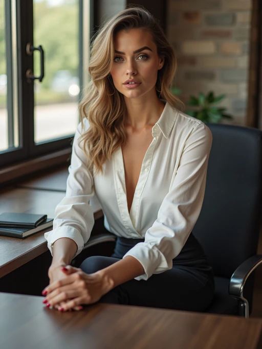 headshot of model, sitting at a desk, at a (office), if(gender=f){BREAK elegant blouse, pencil skirt, makeup} if(gender=m){shirt and tie and suit pants}