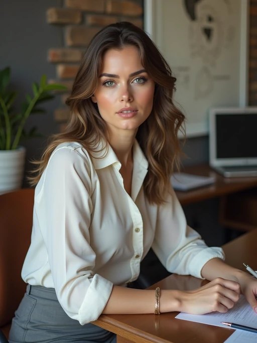 headshot of model, sitting at a desk, at a (office), if(gender=f){BREAK elegant blouse, pencil skirt, makeup} if(gender=m){shirt and tie and suit pants}