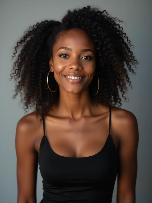 A professional actor headshot of a confident model, taken in a well-lit studio with a plain backdrop. The model is dressed in if(gender=f){a simple, elegant black top with natural makeup and soft curls} if(gender=m){a fitted dark-colored shirt with neatly styled hair}. The lighting is soft and even, highlighting their facial features with a natural and approachable expression. The focus is sharp, capturing the model's eyes and subtle smile, creating a perfect headshot for auditions and casting calls.
