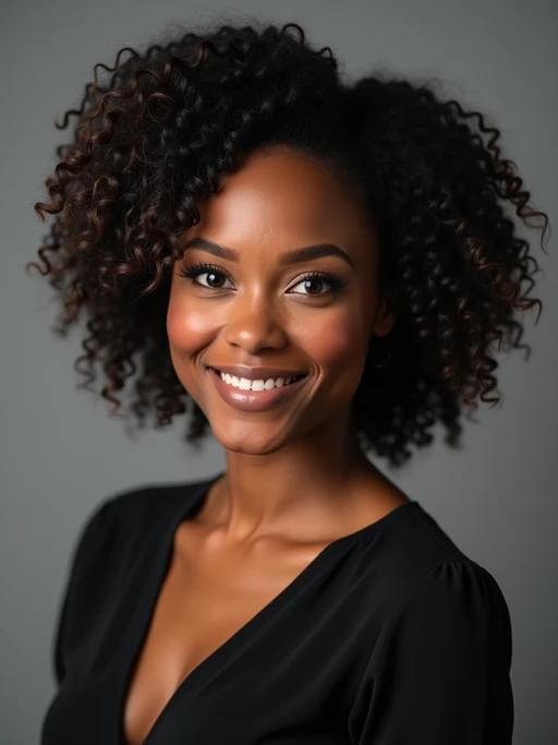 A professional actor headshot of a confident model, taken in a well-lit studio with a plain backdrop. The model is dressed in if(gender=f){a simple, elegant black top with natural makeup and soft curls} if(gender=m){a fitted dark-colored shirt with neatly styled hair}. The lighting is soft and even, highlighting their facial features with a natural and approachable expression. The focus is sharp, capturing the model's eyes and subtle smile, creating a perfect headshot for auditions and casting calls.