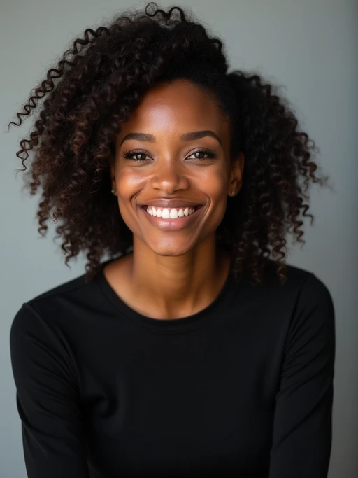 A professional actor headshot of a confident model, taken in a well-lit studio with a plain backdrop. The model is dressed in if(gender=f){a simple, elegant black top with natural makeup and soft curls} if(gender=m){a fitted dark-colored shirt with neatly styled hair}. The lighting is soft and even, highlighting their facial features with a natural and approachable expression. The focus is sharp, capturing the model's eyes and subtle smile, creating a perfect headshot for auditions and casting calls.