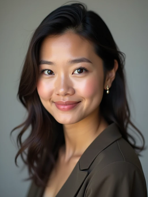 A comedic actor headshot featuring a subtle smirk and expressive eyes, taken in a well-lit professional studio. The model is dressed in if(gender=f){a sleek top with a bit of personality, styled hair, and a confident gaze} if(gender=m){a modern fitted casual jacket or blazer, styled effortlessly for a relatable yet polished look}. The background is neutral, ensuring the subject stands out. The lighting highlights natural features, capturing an inviting and charismatic presence, perfect for comedy auditions, film roles, and industry portfolios.