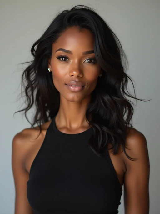 A professional photography model headshot of a confident model, taken in a well-lit studio with a clean, neutral backdrop. The model is dressed in if(gender=f){a sleek, minimal black tank top with natural makeup and loose, effortless waves} if(gender=m){a fitted, neutral-colored crewneck shirt with neatly styled hair}, ensuring a polished yet natural look. The lighting is soft and even, accentuating the model’s bone structure, skin texture, and striking features. The focus is sharp, with a clear emphasis on the model\'s eyes and subtle expression, creating the perfect headshot for agency submissions, portfolio updates, and professional branding in fashion and commercial modeling.